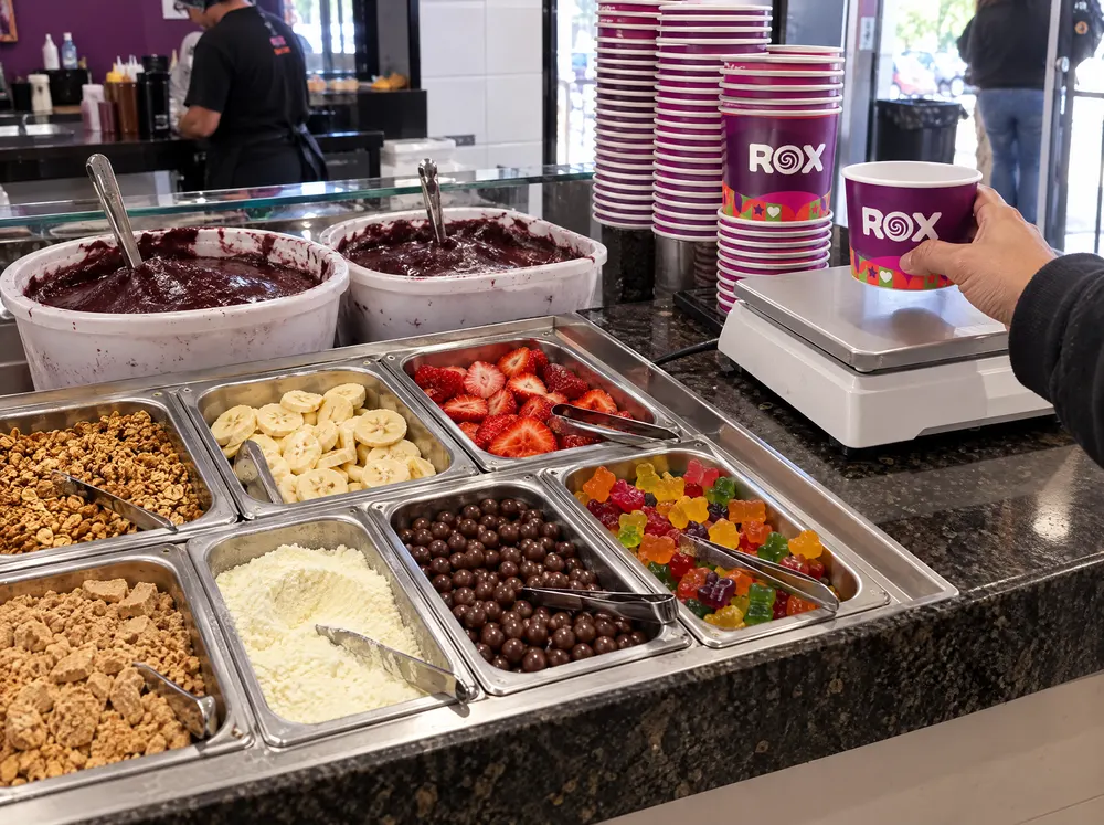 Cliente colocando o pote na balança no fim do balcão self-service