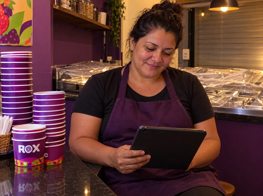 Dona de açaiteria conferindo o sistema no tablet no fim do dia